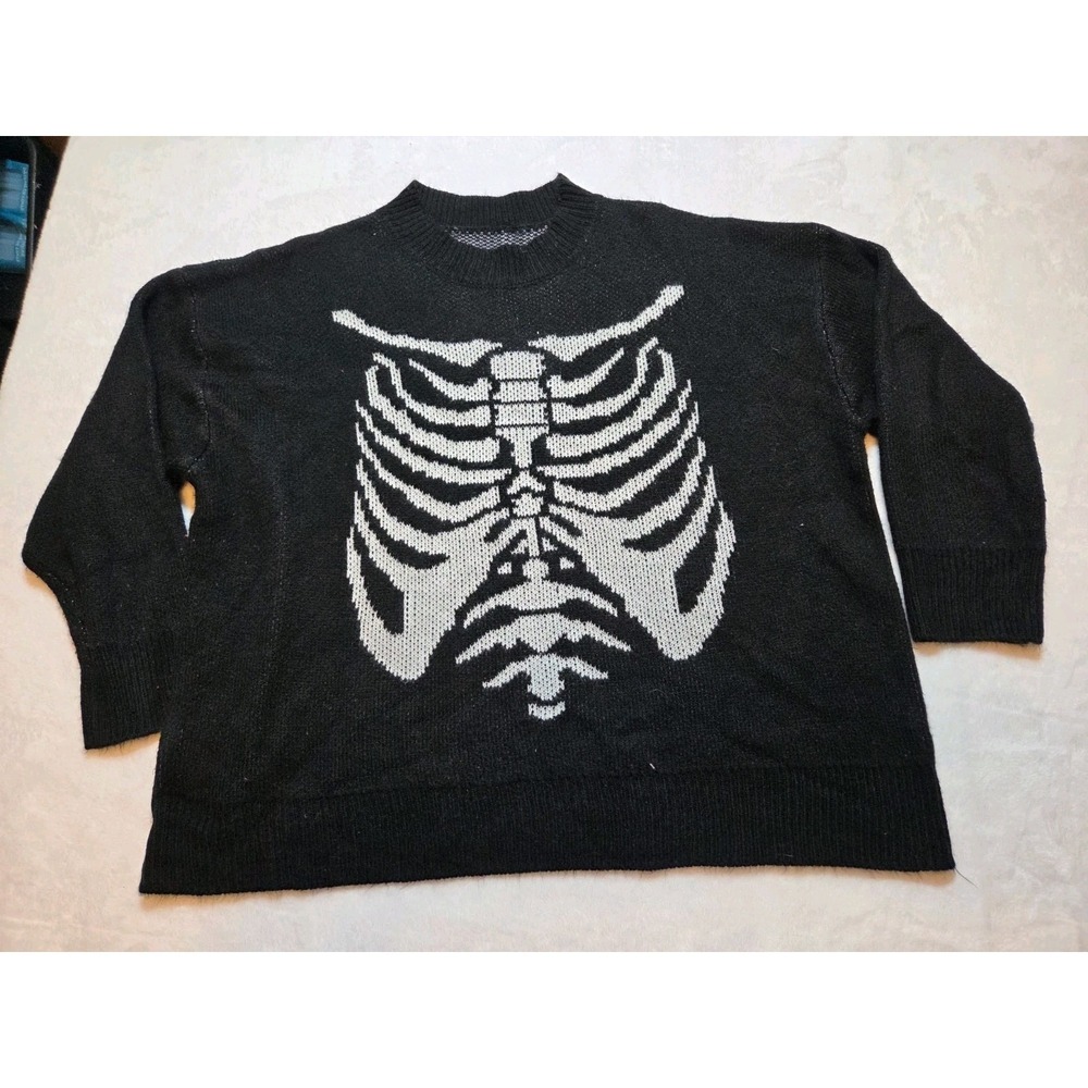 210 Women's Black Skeleton Rib Cage Knit Sweater Long Sleeve Goth Halloween...